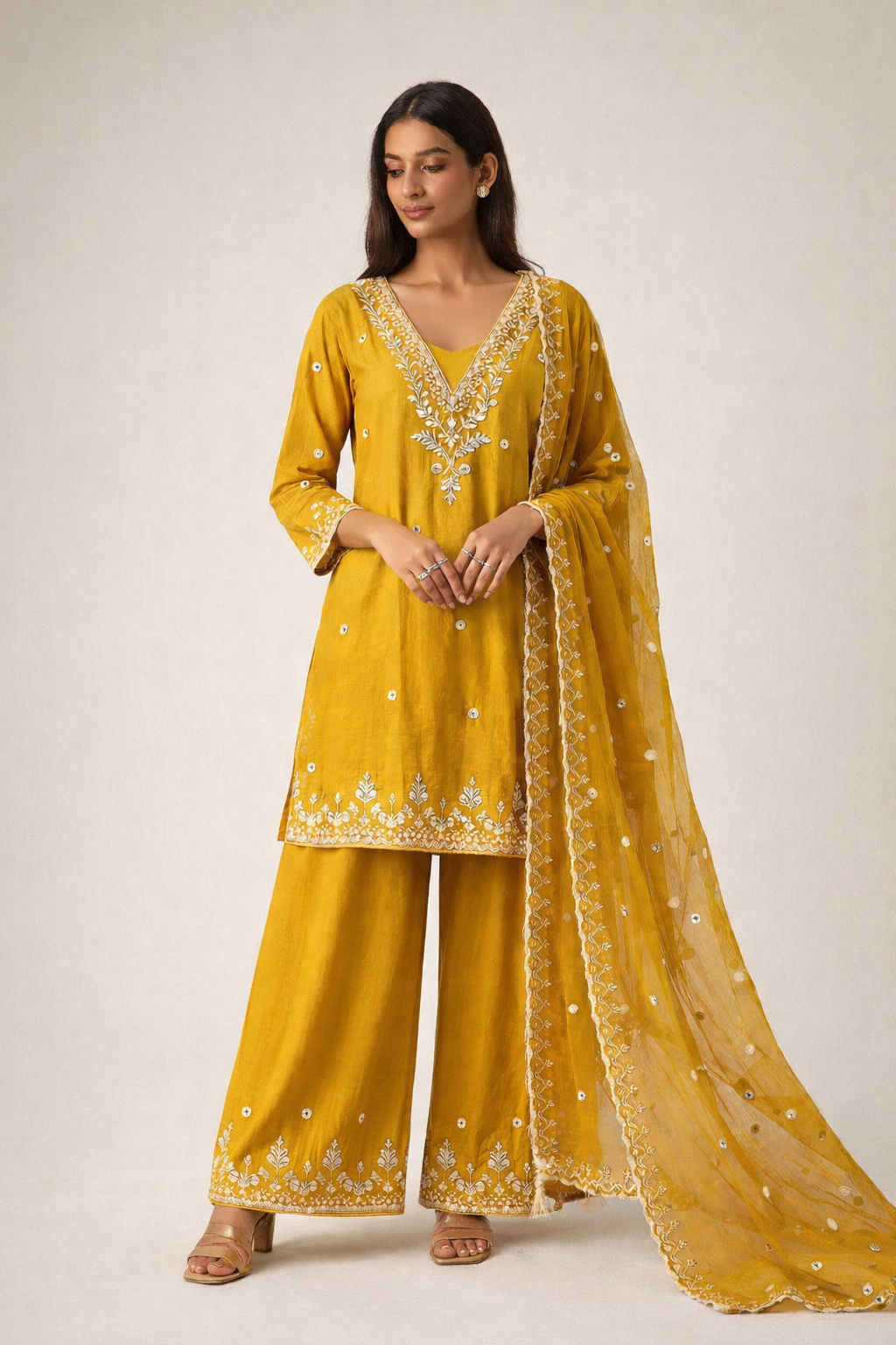 Yellow Mustard Embroidered Kurta Set