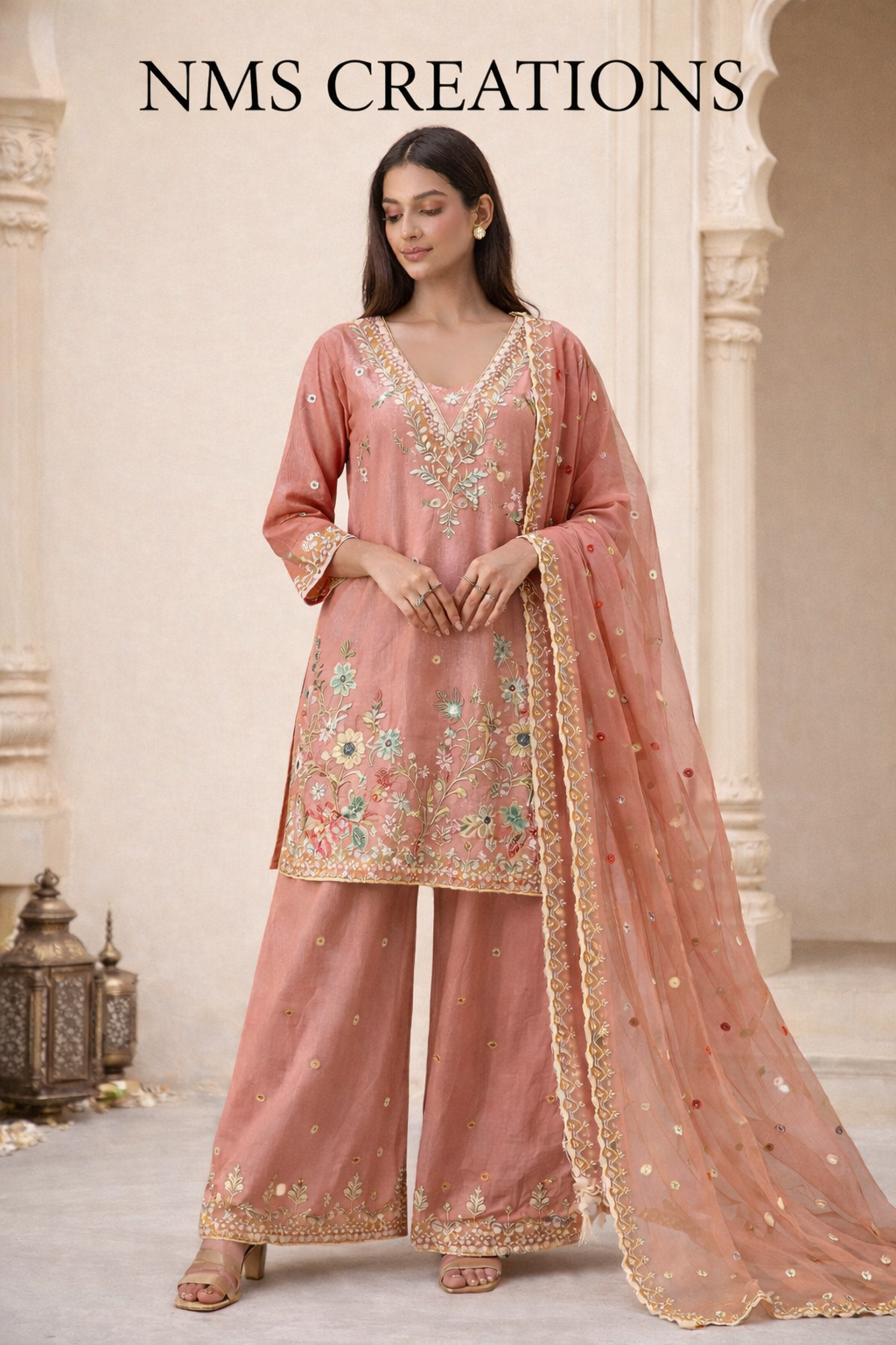Dusty Rose Embroidered Kurta Set (3-Piece)
