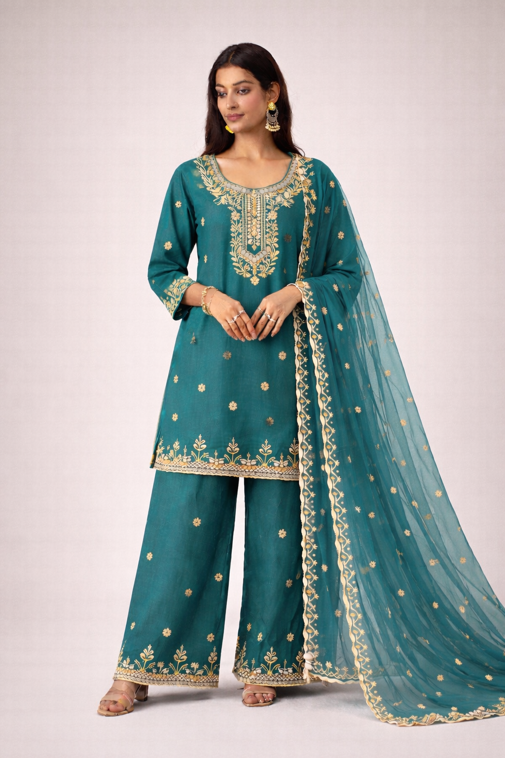 Teal Blue Embroidered Kurta Set (3-Piece)
