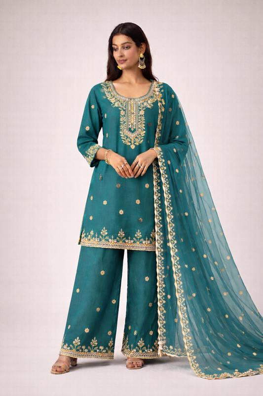 Teal Blue Embroidered Kurta Set (3-Piece)