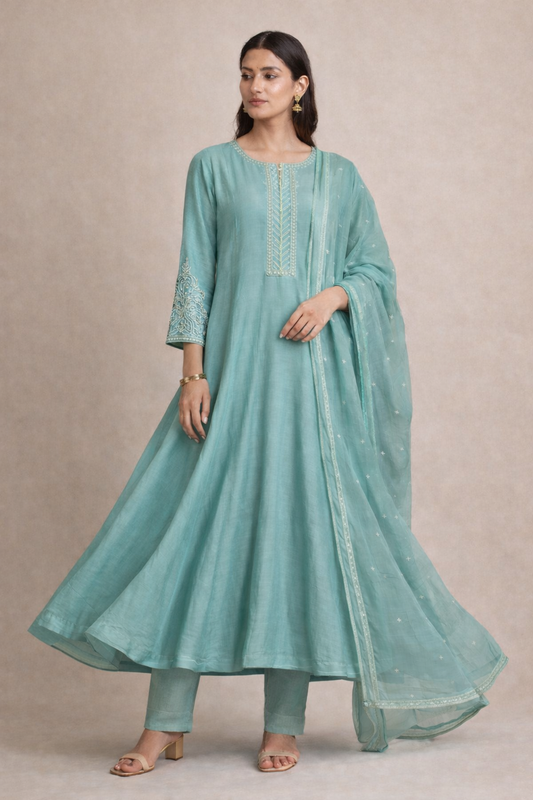 Firozi Blue Embroidered Anarkali Suit Set with Straight Pants & Dupatta (3-Piece)