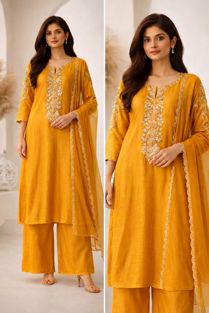 Woman wearing a mustard yellow traditional outfit with gold embroidery in two different poses.