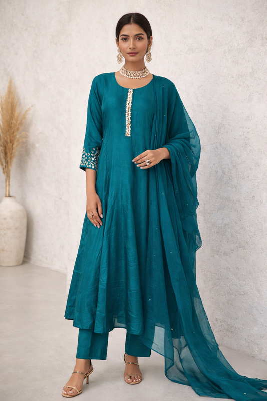 Lagoon Teal Mirror Work Anarkali Set (3-Piece)