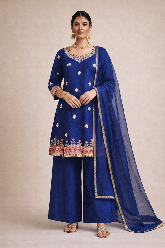 Midnight Blue Embroidered Short Kurta Palazzo Set with Dupatta