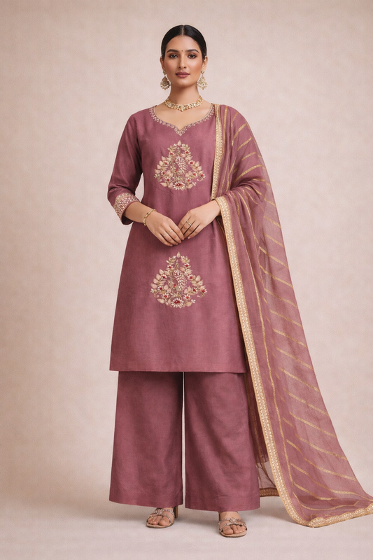Mauve Pink Embroidered Kurta Palazzo Set with Striped Dupatta