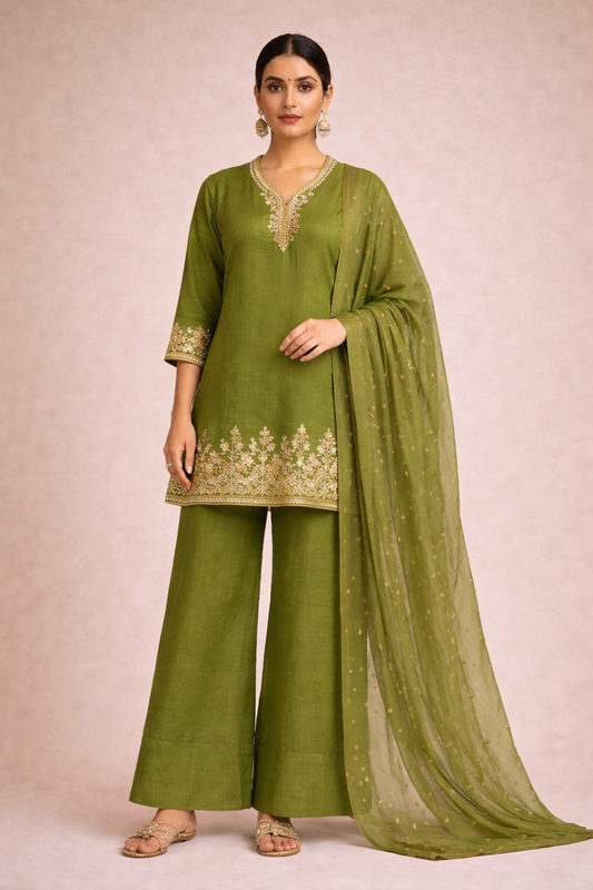 Olive Green Embroidered Kurta Set with Wide-Leg Pants (3-Piece)