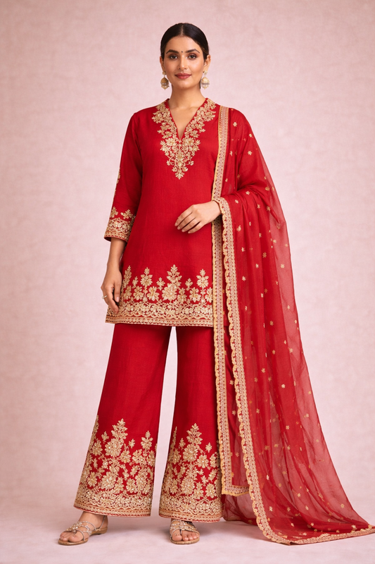 Crimson Red Heavy Embroidered Kurta Set (3-Piece)