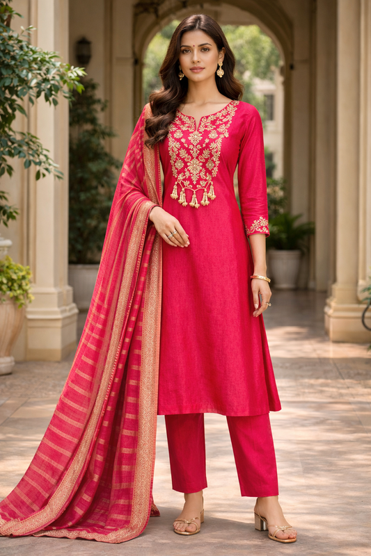 Rani Pink Embroidered Kurta Set with Straight Pants & Dupatta (3-Piece)
