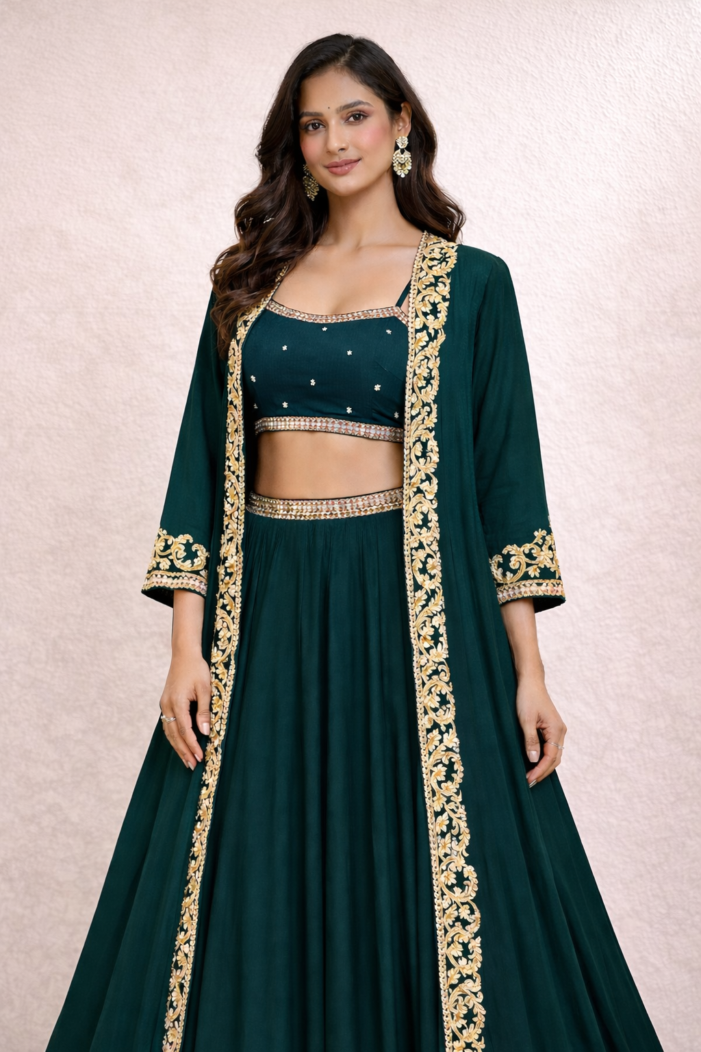 Emerald Green Embroidered Shrug Set with Crop Blouse & Flared Skirt (3-Piece)