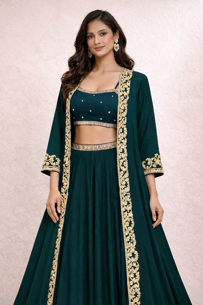 Emerald Green Embroidered Shrug Set with Crop Blouse & Flared Skirt (3-Piece)