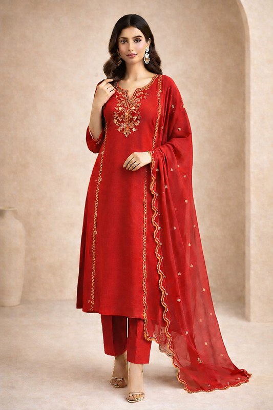 Crimson Red Embroidered Kurta Set with Straight Pants & Dupatta (3-Piece)