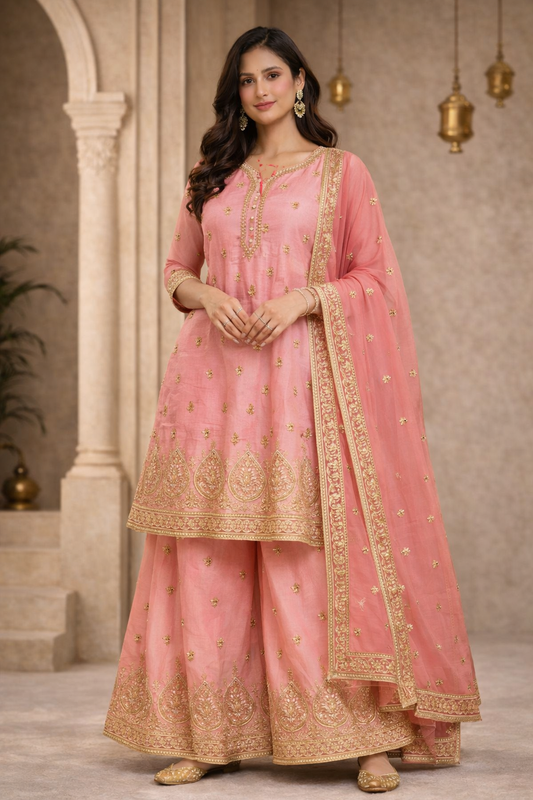 Blush Pink Embroidered Kurta Set with Sharara Pants & Dupatta (3-Piece)