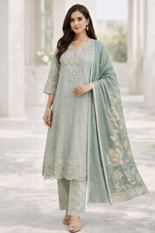 Sage Green Embroidered Kurta Set with Straight Pants & Dupatta (3-Piece)