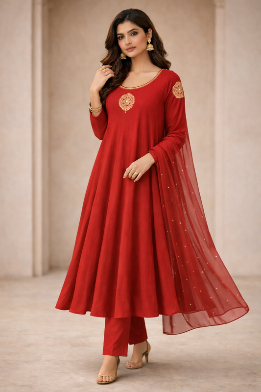Wine Red Flowy Anarkali Set with Straight Pants & Dupatta (3-Piece)