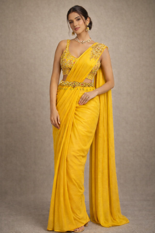 Woman wearing a yellow saree with a matching blouse against a neutral background
