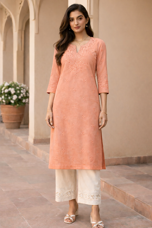 Peach Mist Chikankari Straight Kurta