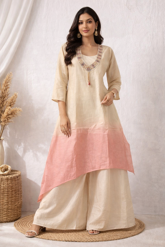 Blush Ombre Mirror-Neck Kurta Set (3-Piece)