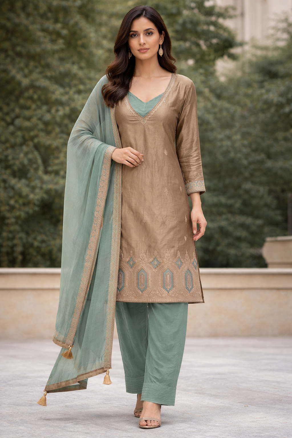 Sage Green & Shimmer Beige 4-Piece Kurta Set