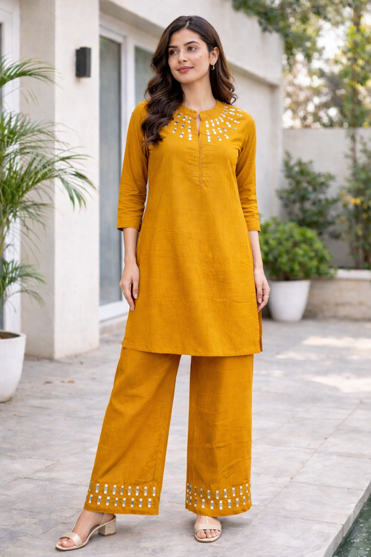 Mustard Mirrorwork Kurta Set