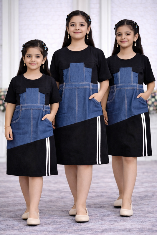 Kids Denim Panel Western Dress with Side Slit