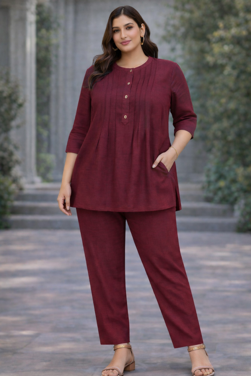 Wine Maroon Pintuck Co-Ord Set