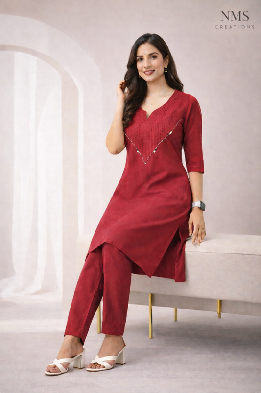 Scarlet Red Pintuck Kurta Co-Ord Set