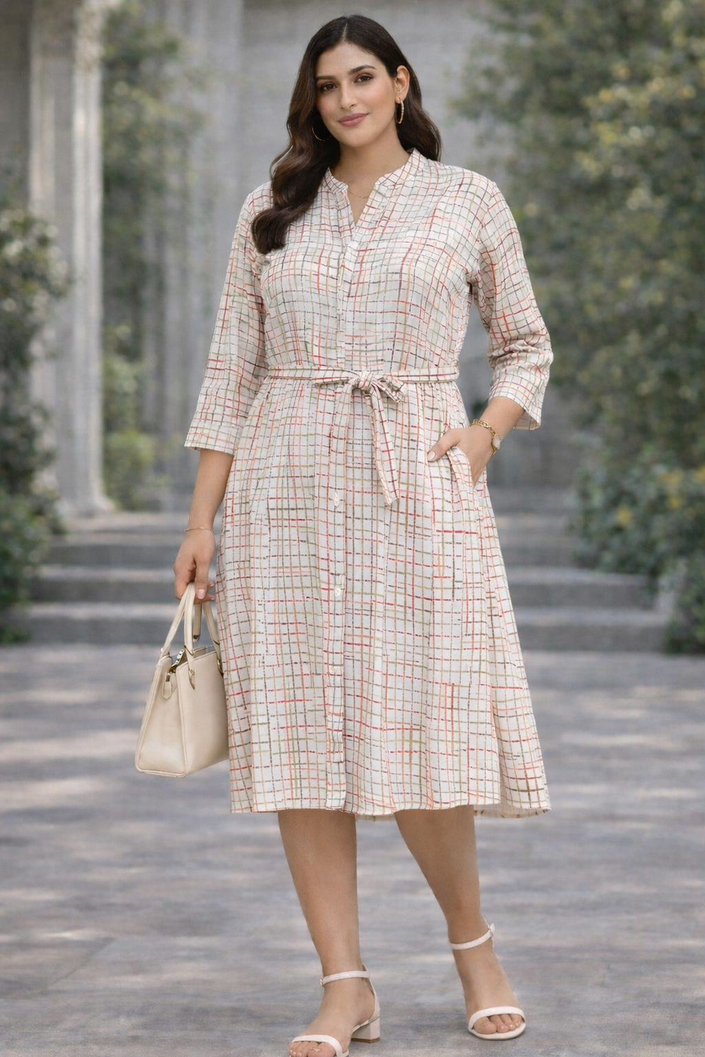 Ivory Grid Print Belted Shirt Midi Dress