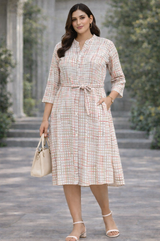 Ivory Grid Print Belted Shirt Midi Dress