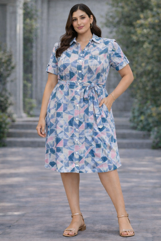 Pastel Blue Geo Shirt Midi Dress