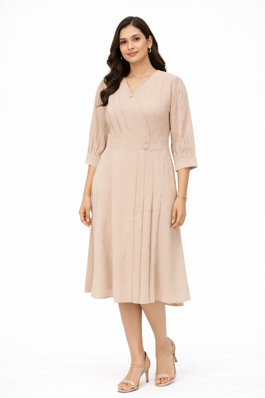 Ivory Pleated Wrap Midi Dress