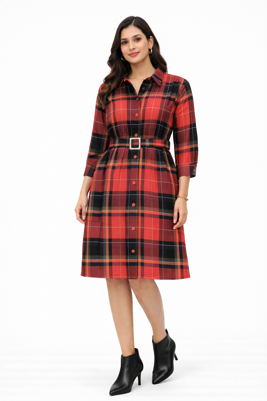 Scarlet Plaid Belted Shirt Dress