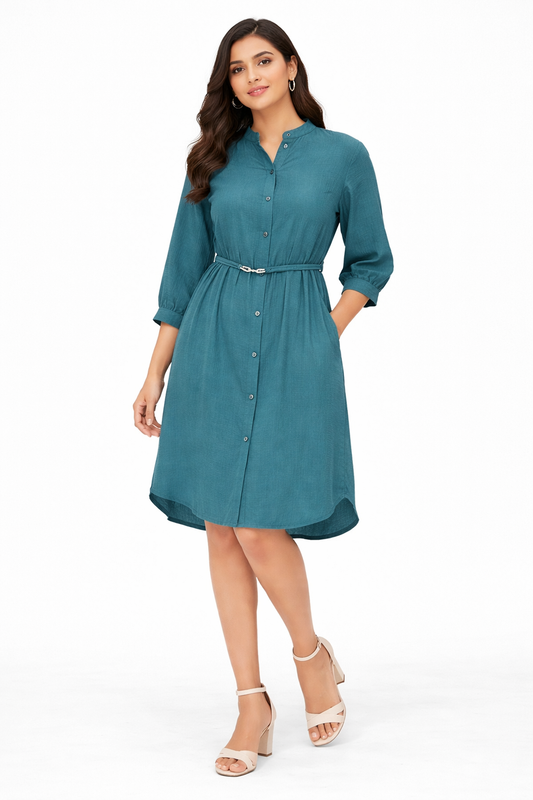 Teal Belted Shirt Dress (Mandarin Collar)