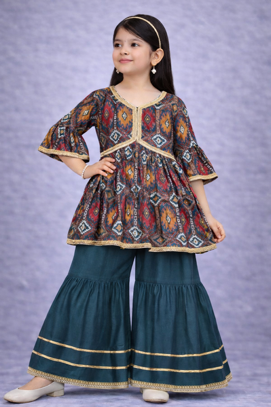 Teal Blue Ikat Sharara Set for Girls