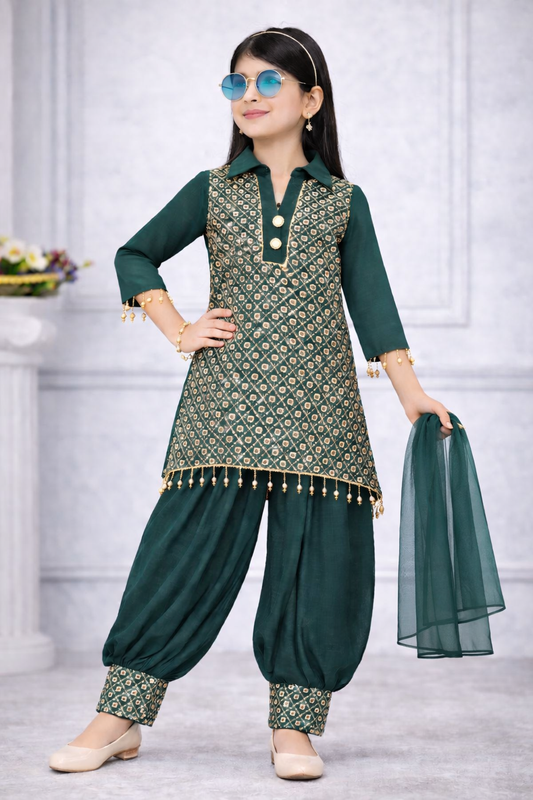 Emerald Forest Patiala Suit Set for Girls