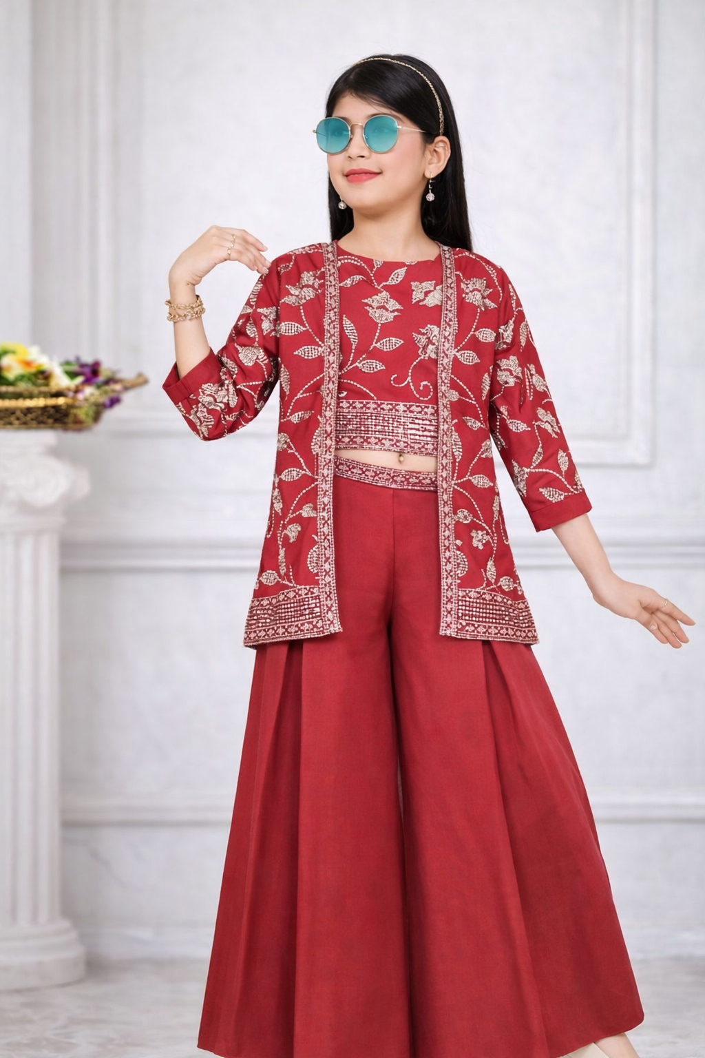 Crimson Ruby Printed Jacket Set for Girls