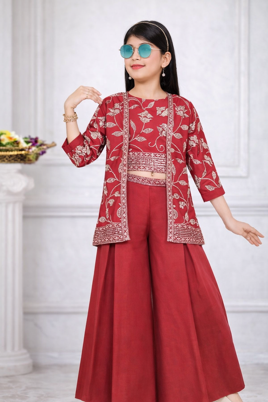 Crimson Ruby Printed Jacket Set for Girls