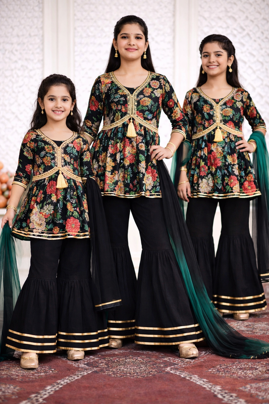 Midnight Black Floral Kurti Sharara Set for Girls