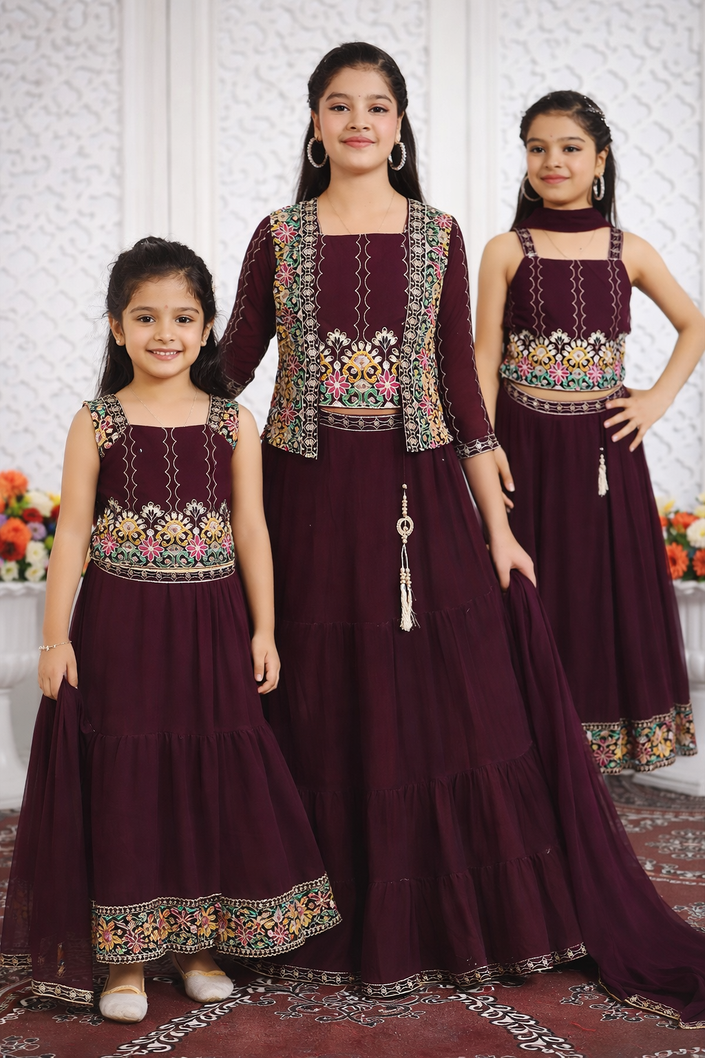 Plum Violet Embroidered Lehenga Set with Koti &amp; Dupatta for Girls