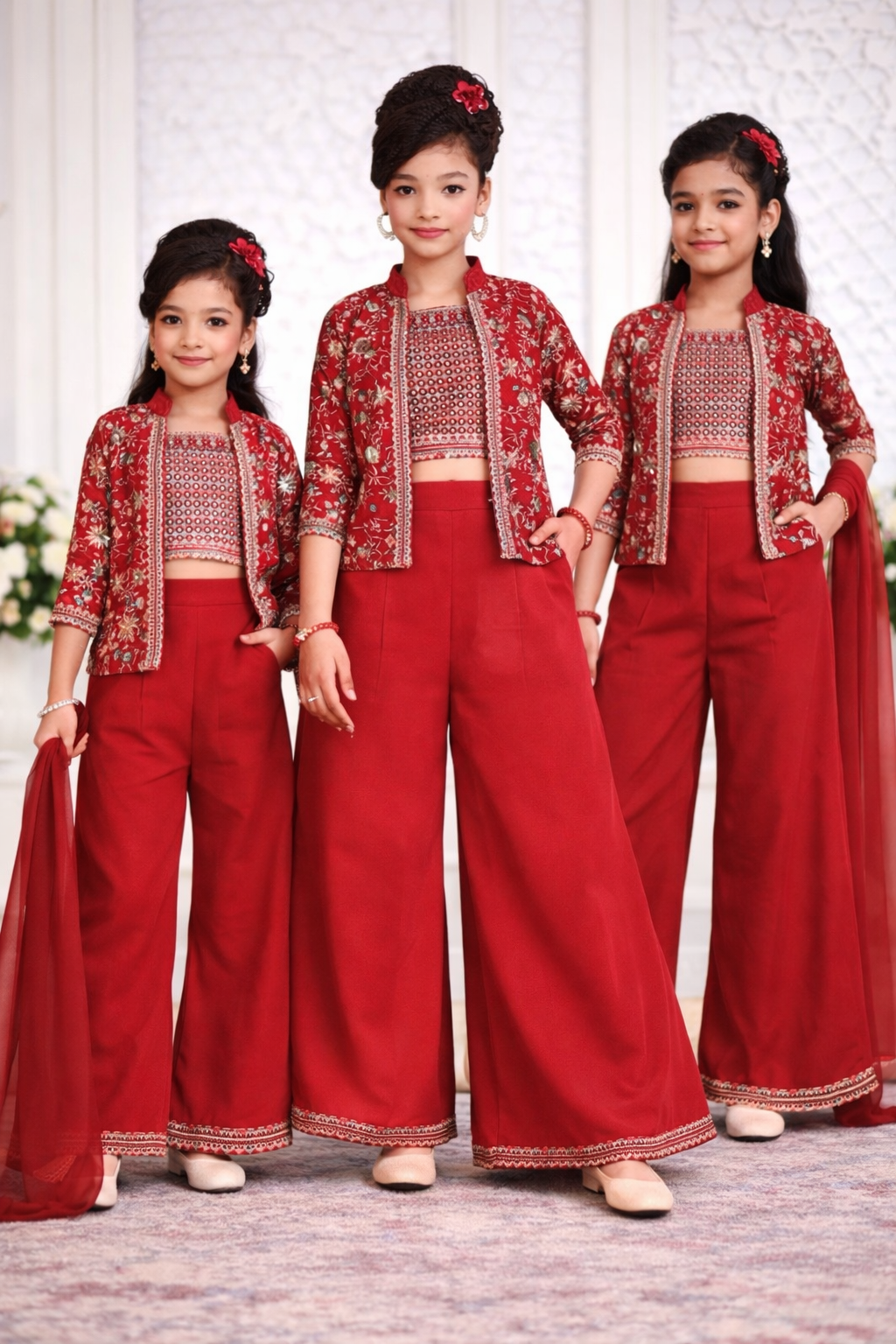 Crimson Red Printed Palazzo Set with Jacket for Girls
