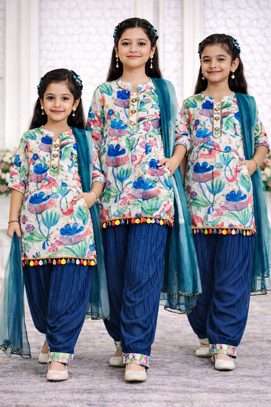 Floral Bloom Blue Patiala Set for Girls