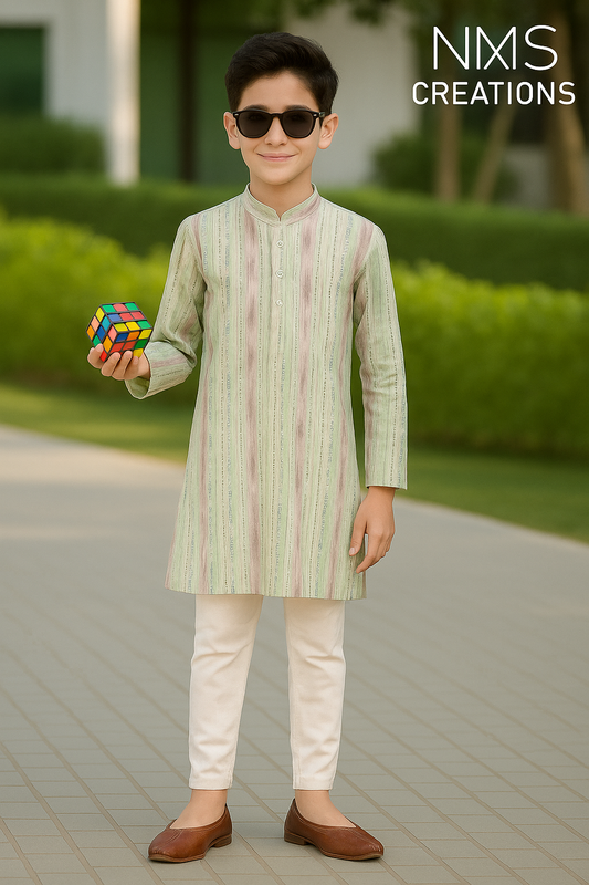 Purple Mint Kids Kurta Set – Festive Striped Elegance - 2596
