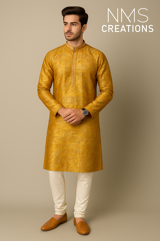 Golden Yellow Printed Festive Kurta Set