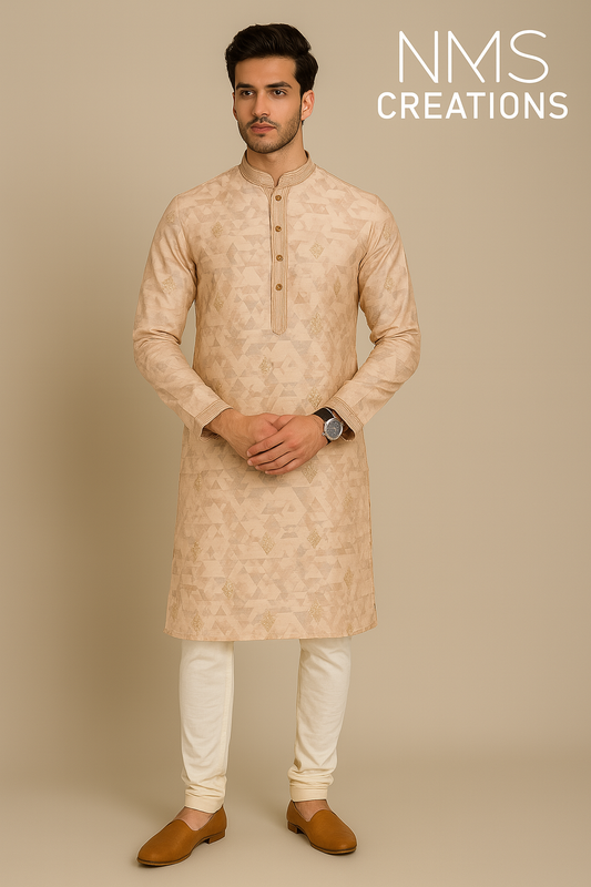 Ivory Beige Geometric Embroidered Kurta Set