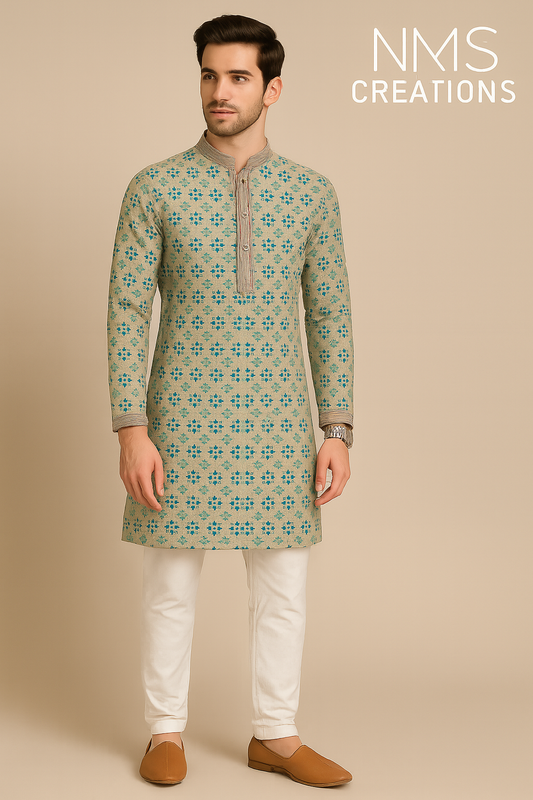Ivory Blue Heritage Kurta Set | Code: 9108