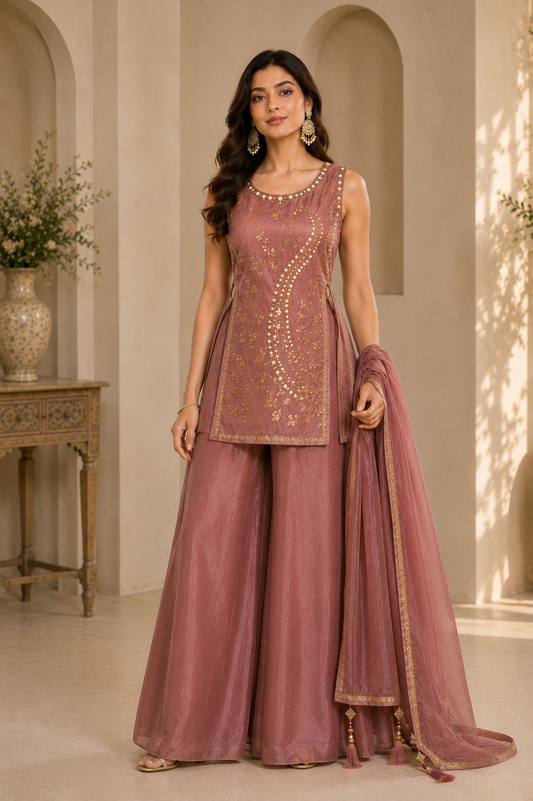 Women's short kurta, plazo & dupatta set