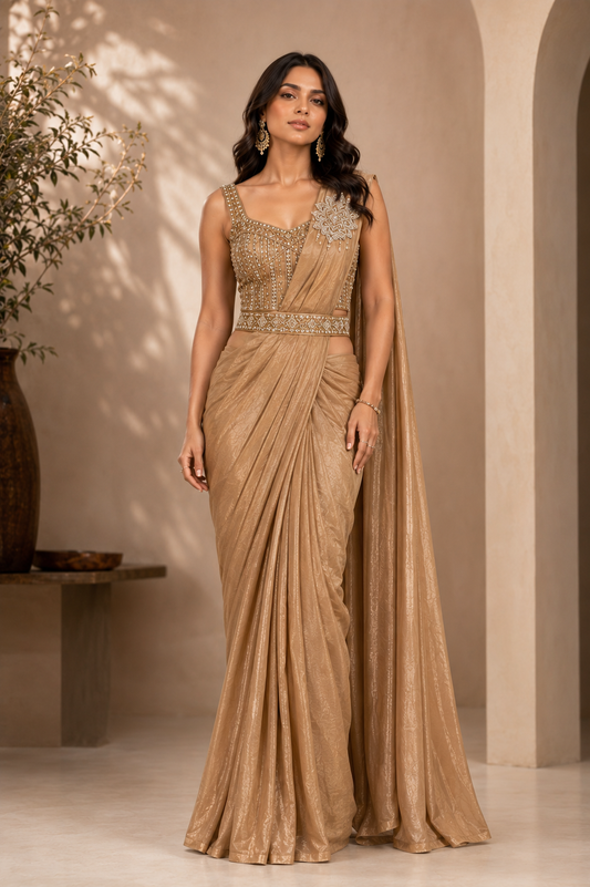 Beige indowestern pre-draped saree