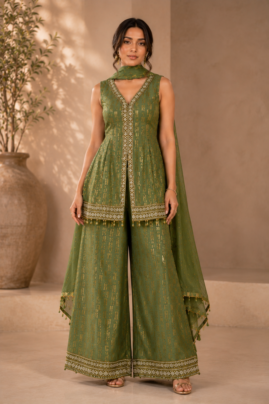 Women's green 3-piece indowestern set