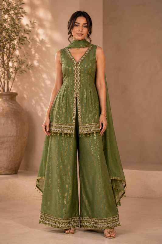 Women's green 3-piece indowestern set