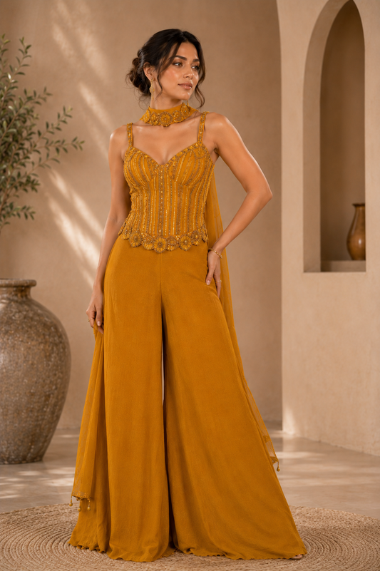 Women's golden mustard 3-piece indowestern