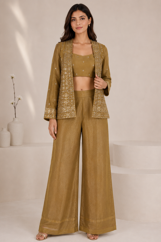 Women's golden 3-piece indowestern jacket set